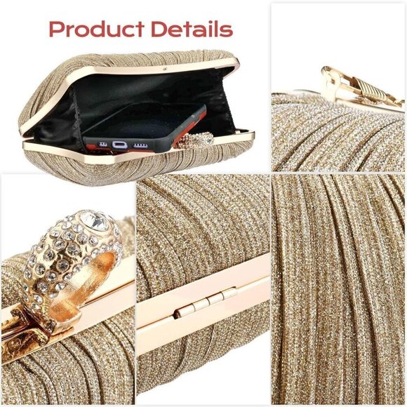 Women Gold Pleated Clutch  Lady  Handbag - Picture 5 of 9